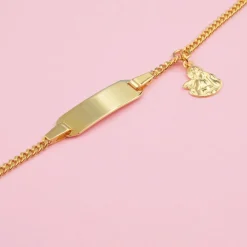 Bébé Bracelet Panzer Gelbgold 750, 14cm Gravurplatte 2cm Engel Anhänger
