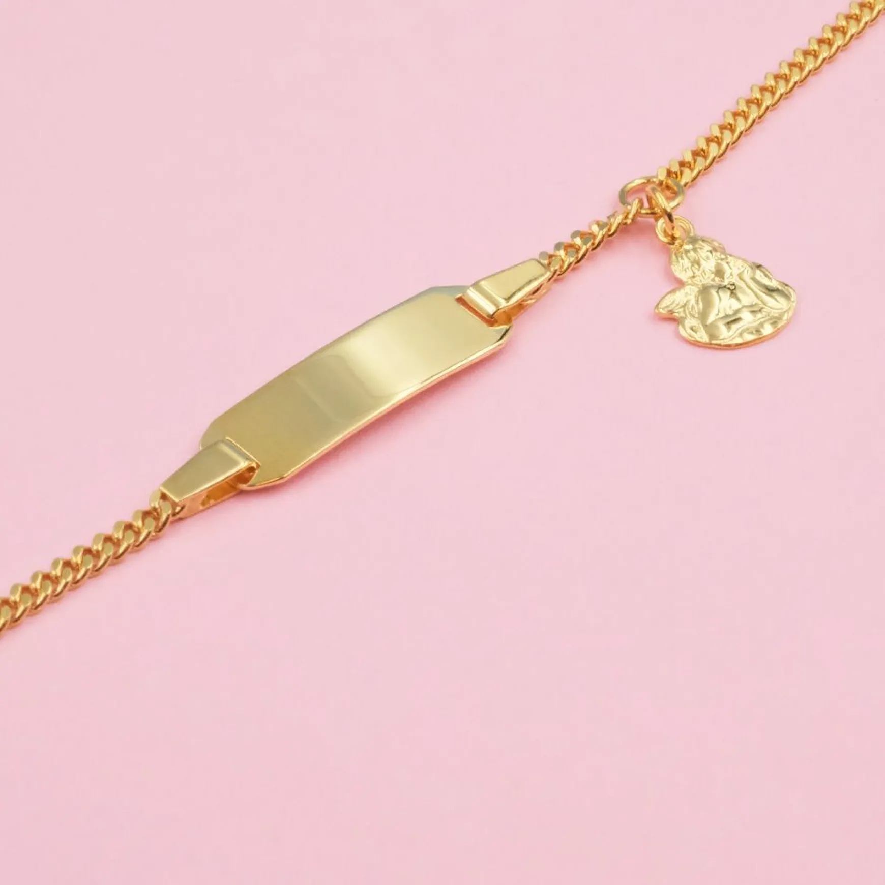 Bébé Bracelet Panzer Gelbgold 750, 14cm Gravurplatte 2cm Engel Anhänger