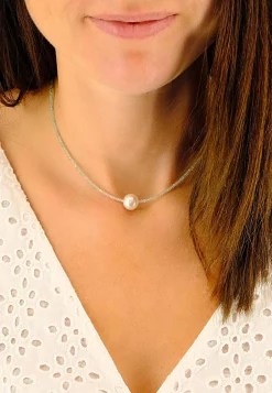 Collier Weissgold 750 Süsswasserperle 10-11mm Chalcedon