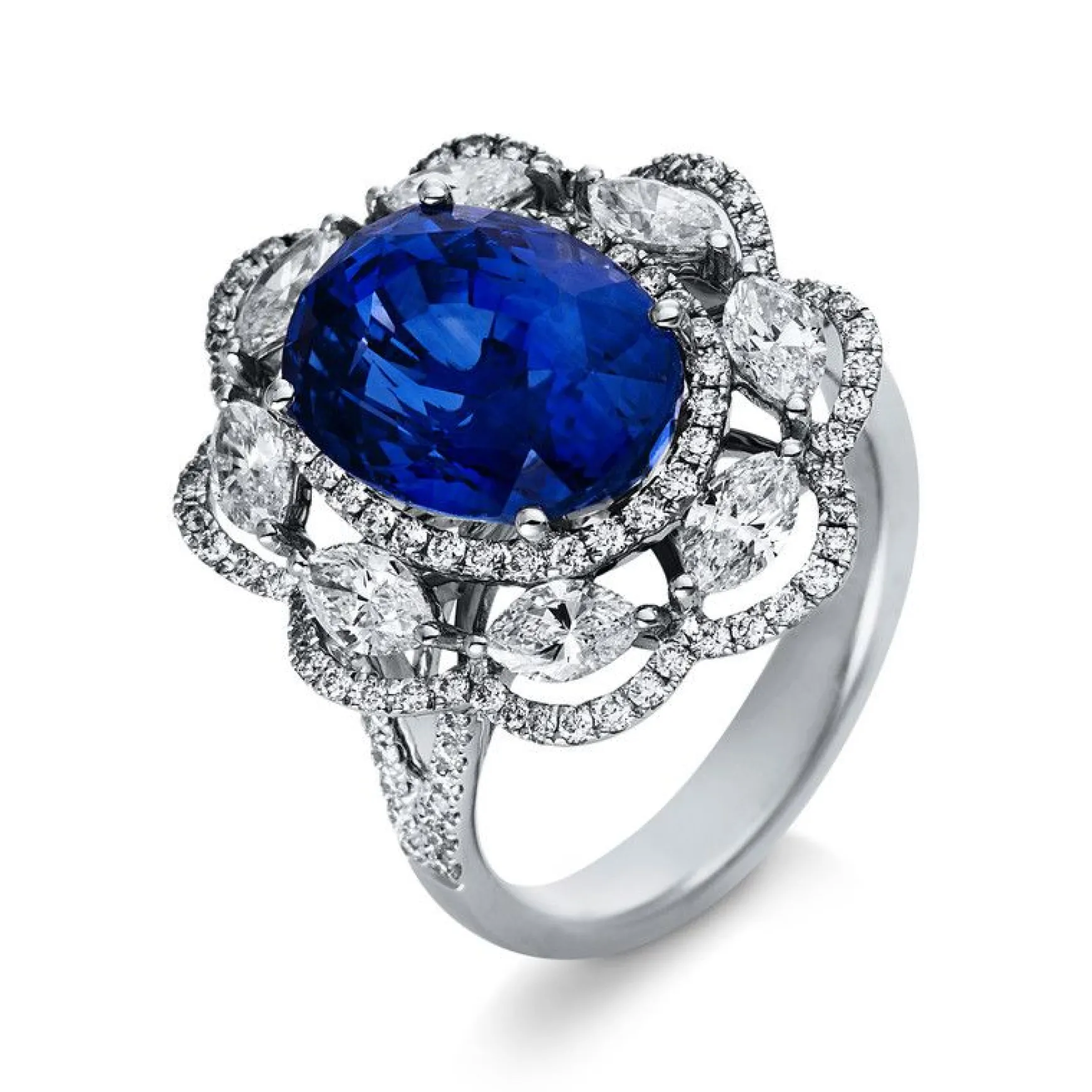 Ring 750/18K Weissgold Diamant 1.71ct. Safir 7.91ct.