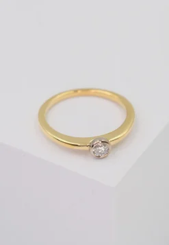 Solitär Ring Zargen-Fassung Gelbgold 750, Brillanten 0.15ct. Fassung Weissgold 750 (56)
